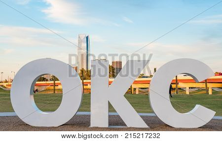 OKLAHOMA CITY, OK - OCTOBER 11,2017: Skyline of Oklahoma City OK with OKC sign