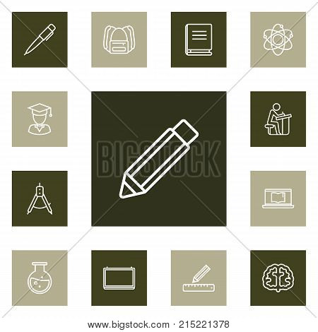 Collection Of Brain, Compass, Graduated And Other Elements.  Set Of 13 Science Outline Icons Set.