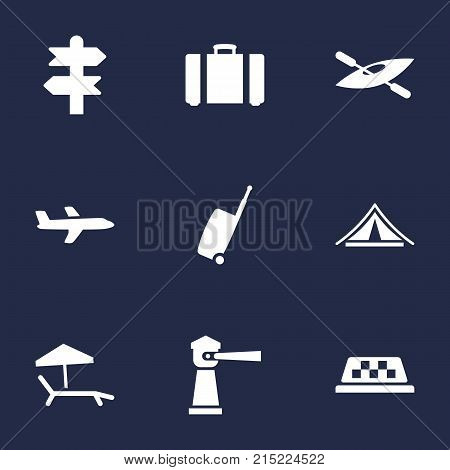 Collection Of Booth, Canoe, Aircraft And Other Elements.  Set Of 9 Journey Icons Set.