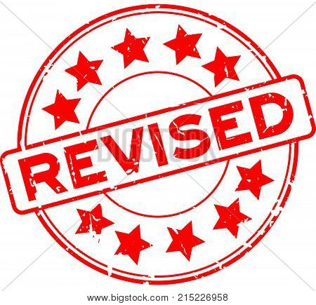 Grunge Red Revised Wording With Star Icon Round Rubber Seal Stamp On White Background