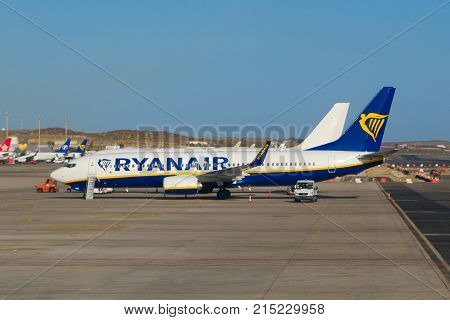 Tenerife Spain - november 2017: Passenger airplane of Ryanair standing on runway ready for baording