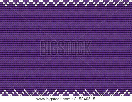 Knitted violet background with white zig zag border. Vector illustration frame template with space for text.