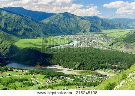 View Of Chemal Village From Mountain Camel. Altai Republic, Russia