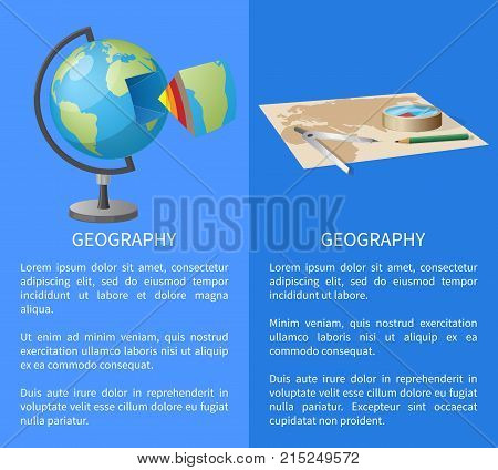 Geography posters with globe model and separate segment with ground layers, world map, metal divider, glass compass and wooden pencil vector