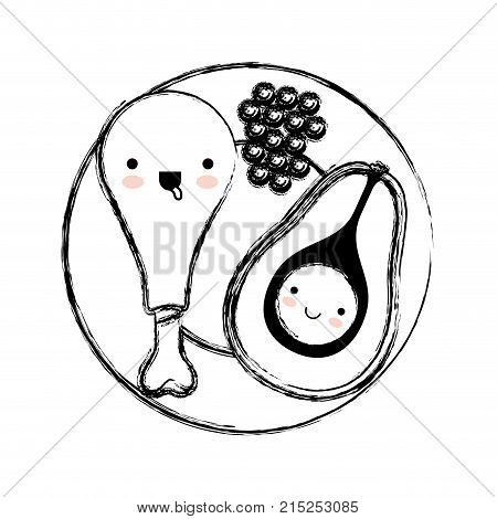 kawaii food plate with chicken thigh with peas and middle avocado in monochrome blurred silhouette vector illustration