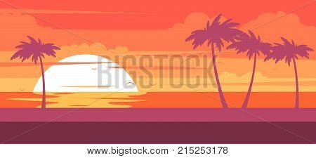 Tropical beach with palm trees and sea - summer resort at sunset