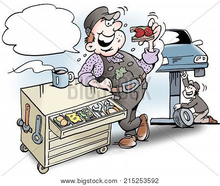 Cartoon illustration of a mechanic having lunch sandwiches in the tool cabinet