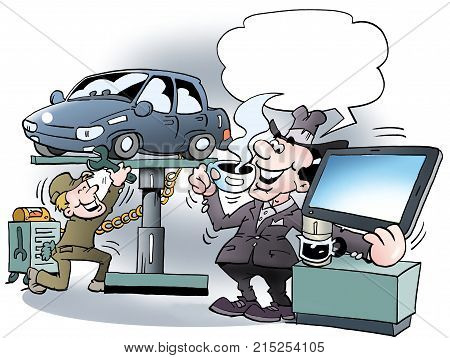 Cartoon illustration of a car owner there is very happy for a cup of morning coffee in the workshop