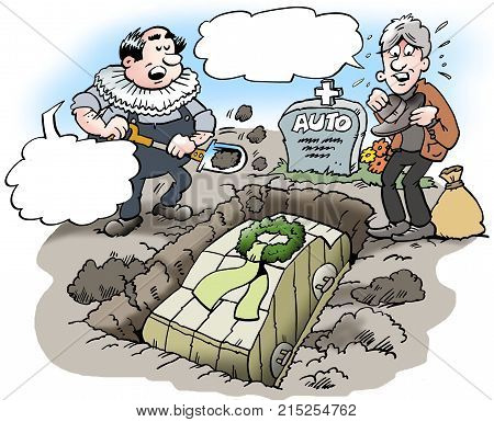 Cartoon illustration of a car owner who buries his beloved old car