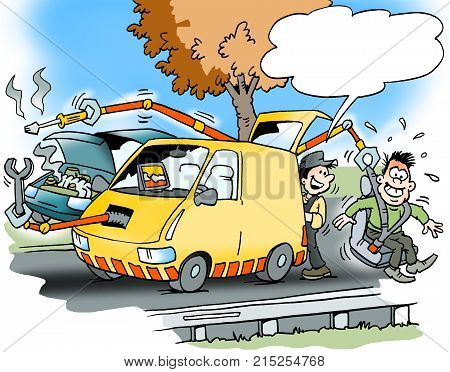 Cartoon illustration of a roadside assistance with a car that has many modern facilities
