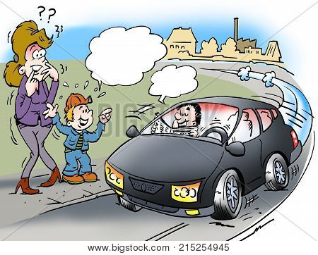 Cartoon illustration of a shocked mother and son who sees a driverless car with a man reading newspaper