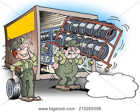 Cartoon illustration of a mechanic there is dragging around with a tool rack for tires