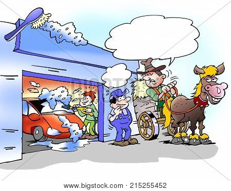 Cartoon illustration of a a farmer asking if he can get the horse washed