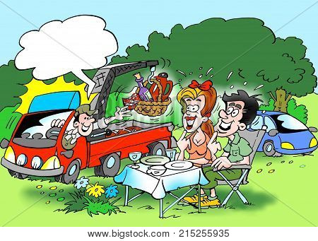 Cartoon illustration of a family forest trip where the lunch is delivered by a service car