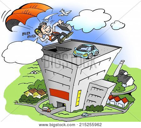 Cartoon illustration of a businessman picking up a hire car in a big city