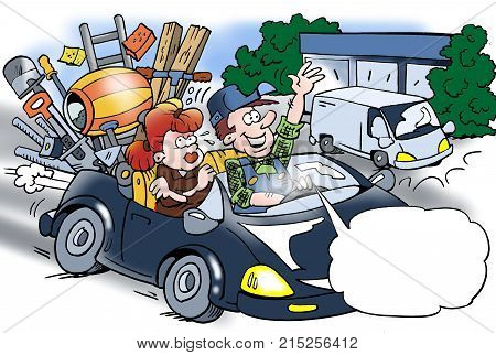 Cartoon illustration of a craftsman who has sold his van his wife annoys