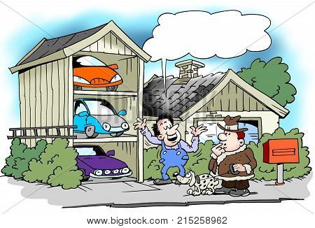 Cartoon illustration of a man who have built the garage specifically for all his cars