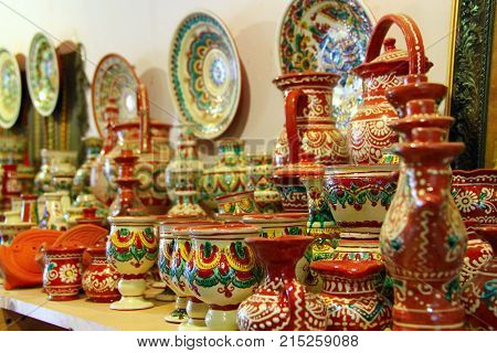 Kosiv town Ivano-Frankivsk region/ Ukraine. 26 October 2017: diversity of souvenirs made by Kosiv potters on the shelves. 26 October 2017 Kosiv town Ivano-Frankivsk region / Ukraine.