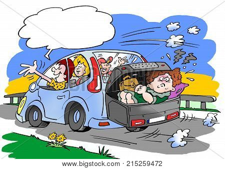Cartoon illustration of a family on a road trip. Mother in law placed in the luggage roof box suitcase
