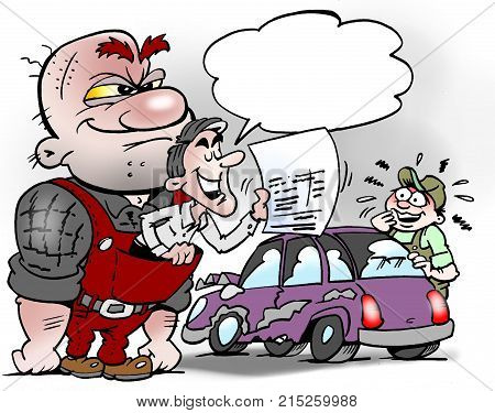 Cartoon illustration of a businessman pushing a customer with unfounded methods