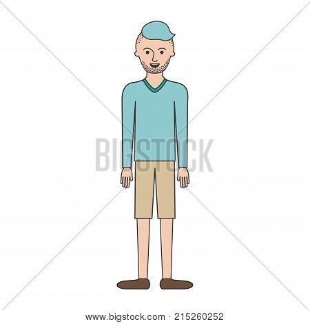 man full body with t-shirt long sleeve and short pants and shoes with high fade haircut and stubble beard in colorful silhouette vector illustration