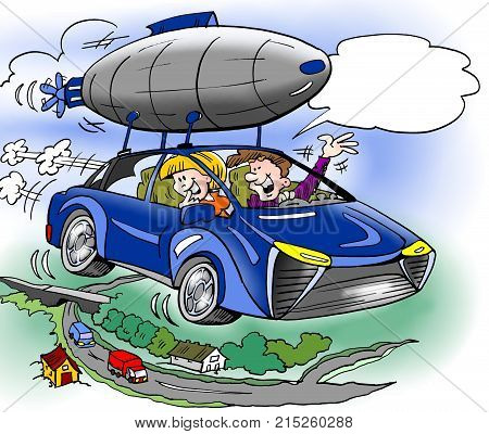 Cartoon illustration of a family has has bought extra equipment for their brand new hybrid car