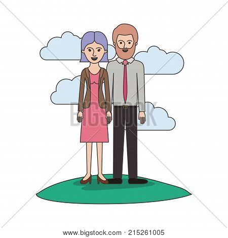 couple colorful scene outdoor and her with blouse and jacket and skirt and heel shoes with short straight hairstyle and him with shirt and tie and pants and shoes with short hair and bearded vector illustration