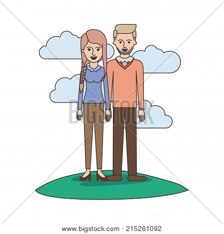 couple colorful scene outdoor and her with blouse long sleeve and pants and heel shoes with braid and fringe hairstyle and him stubble beard and sweater and pants and shoes with side parted hairstyle vector illustration