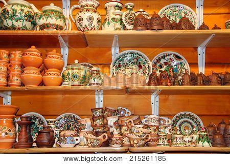 Kosiv town Ivano-Frankivsk region/ Ukraine. 26 October 2017: earthenware on the shelves of pottery shop. 26 October 2017 Kosiv town Ivano-Frankivsk region / Ukraine.