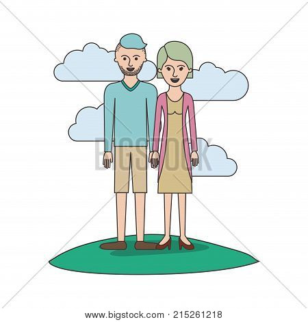 couple colorful scene outdoor and him with t-shirt long sleeve and short pants and shoes with high fade haircut and stubble beard and her with blouse and jacket and skirt and heel shoes with short hair