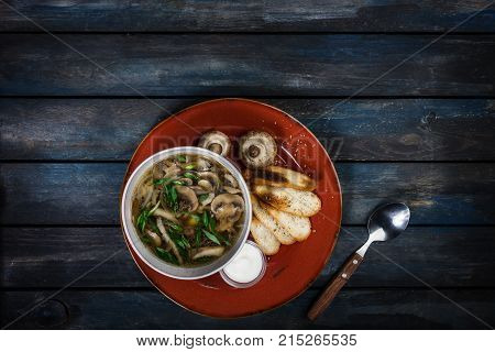 Fresh mushroom soup with green onion sour cream and bread crisps. On a ceramic plate. Colored wooden background. Top view.