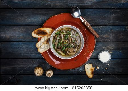 Fresh mushroom soup with green onion sour cream and bread crisps. On a ceramic plate. Colored wooden background, spoon. Top view.