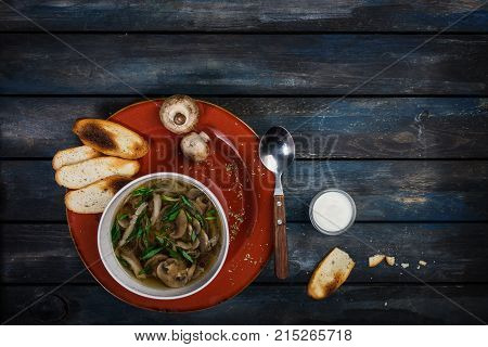 Fresh mushroom soup with green onion sour cream and bread crisps. On a ceramic plate. Colored wooden background, spoon. Top view.