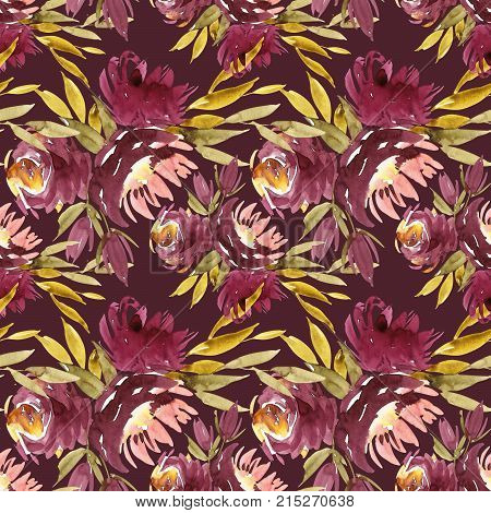 Seamless summer pattern with watercolor flowers handmade