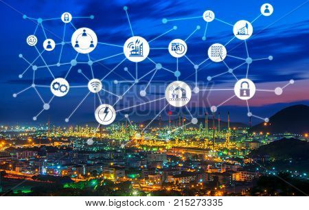 Industry 4.0 concept image. industrial instruments in the factory with cyber and physical system icons Internet of things networksmart factory solution