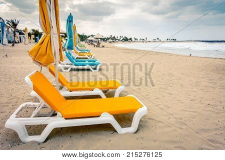 Empty beach at Al Mamzar Beach Park in Dubai, UAE