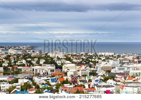 Midborg District In Reykjavik And Atlantic Ocean