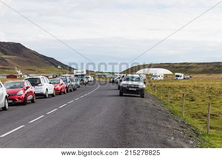 Car Parking At Roadside Of Country Road In Iceland