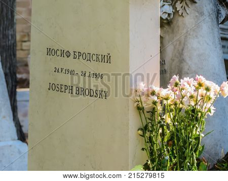VENICE, ITALY - SEPTEMBER 6, 2013: Gravestone on grave of the Joseph Brodsky - Russian and American poet. San Michele Island, Venice
