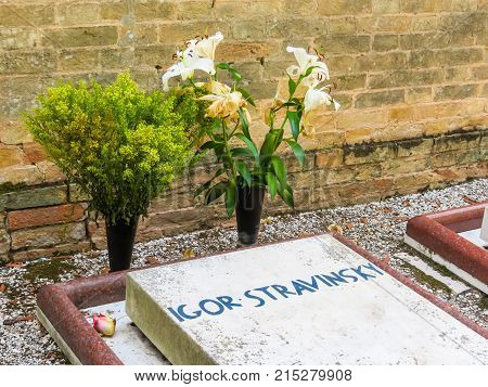 VENICE, ITALY - SEPTEMBER 6, 2013: Gravestone on grave of the Igor Stravinsky, Russian composer, pianist and conductor. San Michele Island, Venice