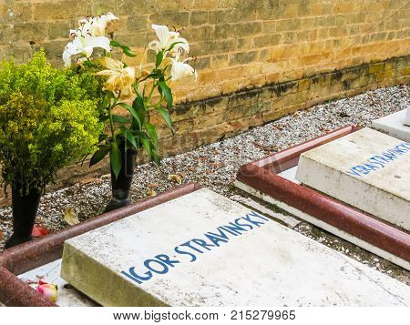 VENICE, ITALY - SEPTEMBER 6, 2013: Gravestone on grave of the Igor Stravinsky, Russian composer, pianist and conductor. San Michele Island, Venice