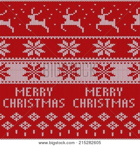 Knitted Christmas sweater pattern with deers, fir-trees, snowflakes. Winter fabric background. Stock vector