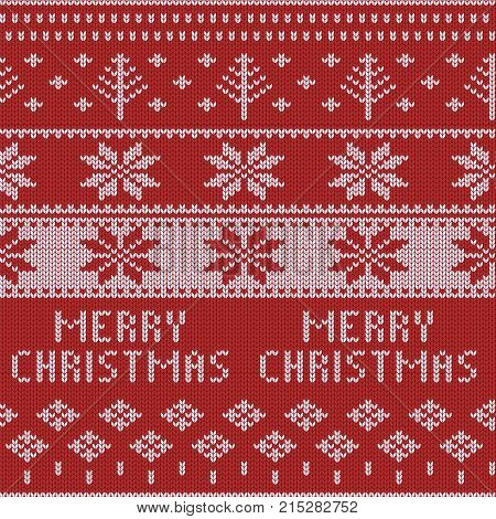 Knitted Christmas sweater pattern with deers, fir-trees, snowflakes. Winter fabric background. Stock vector