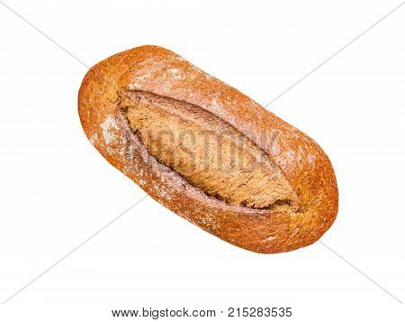 Whole-grain bread. Whole wheat loaf top view. Artisan rustic bread isolated on white.