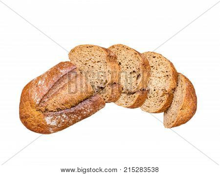 Whole-grain sliced bread. Whole wheat loaf top view. Artisan rustic bread isolated on white.