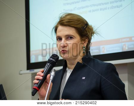 MOSCOW RUSSIA - NOV 22 2017: Co-founder of Kaspersky Lab and InfoWatch CEO Natalya Kaspersky makes speech at forum on investment potential of Russian IT market in Moscow Russia on Nov 22 2017.