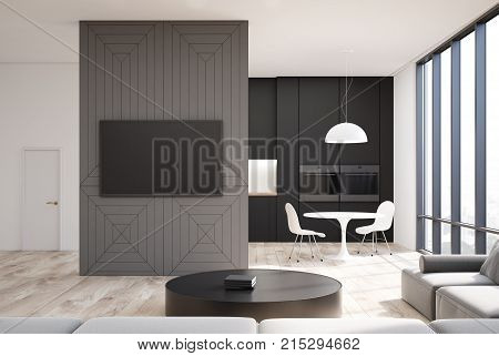 Gray Living Room Interior, Tv Set, Kitchen