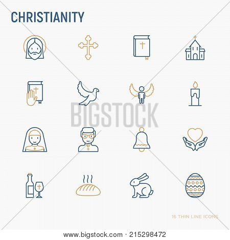 Christianity thin line icons set of priest, church, nun, crucifixion, Jesus, bible, dove. Vector illustration.