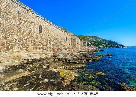 Coastal view at historical site in Dubrovnik, famous quarantine for plaque disease in Europe, Croatia.