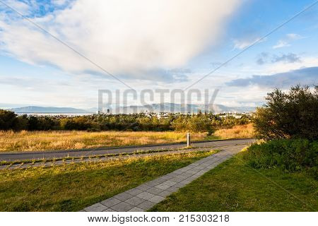 Roads At Oskjuhlid Hill And View Of Reykjavik City